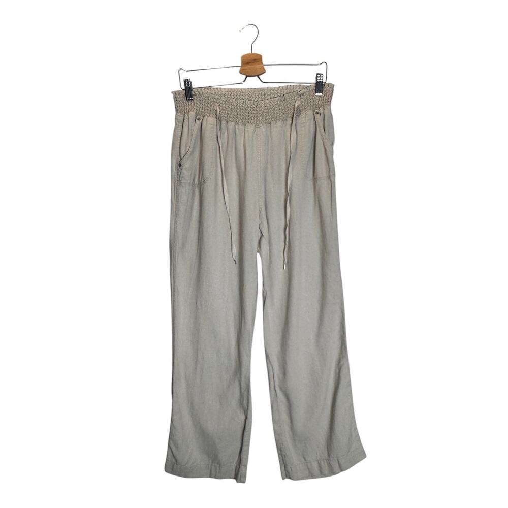 Ci Sono Womens Khaki Wide Leg Linen Blend Pants Boho Coastal Smocked Waist Sz XL